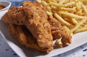 Made-to-order chicken strips, lovingly coated in our homemade breading and deep-fried to a perfect golden brown. Served with a side of crispy fries, this dish is a comfort food classic that never fails to satisfy.